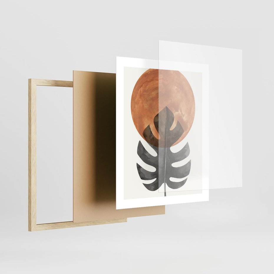 Plakat w ramie 40x50 - Natura a Sztuka - liść monstery, czarna grafika - rama drewno