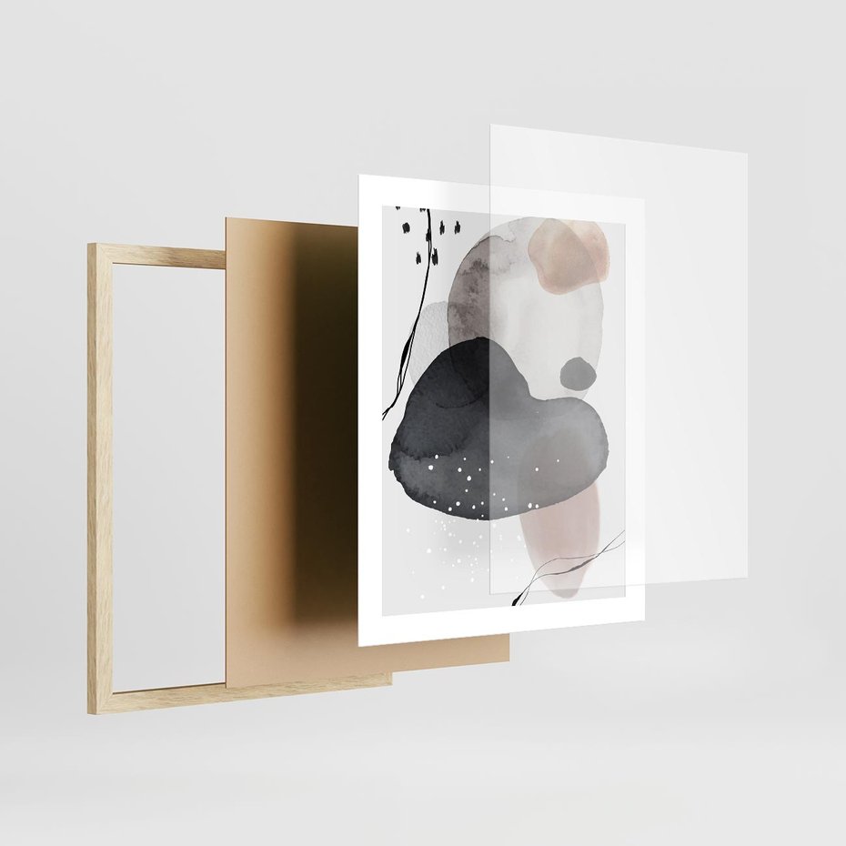 Plakat w ramie 40x50 - Impresje Harmonii - abstrakcyjne plamy akwarelowe, czarny szkic - rama drewno
