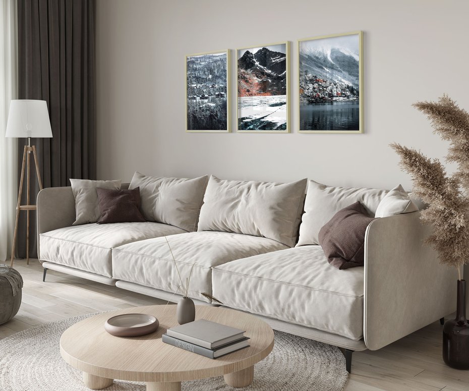 Zestaw obrazy w ramie 30x40 galeria - Norweskie, domki, góry, zima - rama drewno