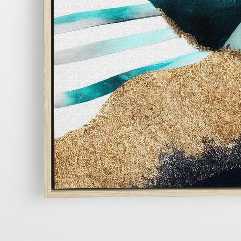 Obraz w ramie 120x80 - Rozlane Turkusy - Turkusowe plamy, złote elementy - rama drewno