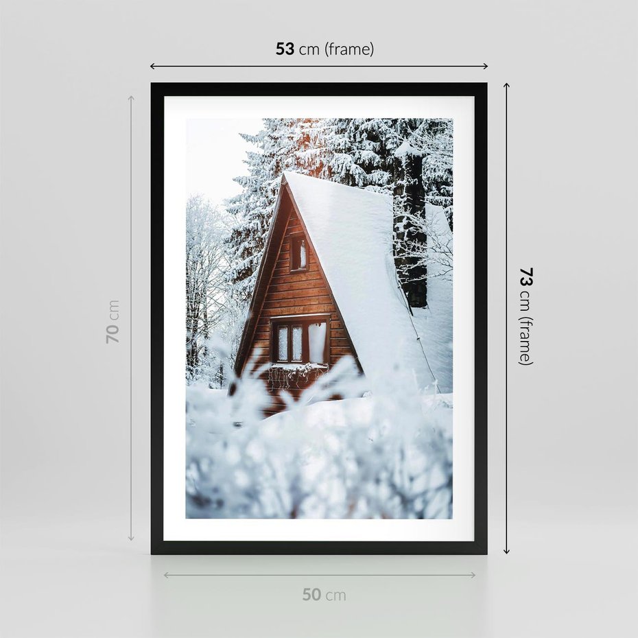 Plakat w ramie 50x70 - Zimowe Ustronie w Lesie - domek w lesie, zimowy las - rama czarna