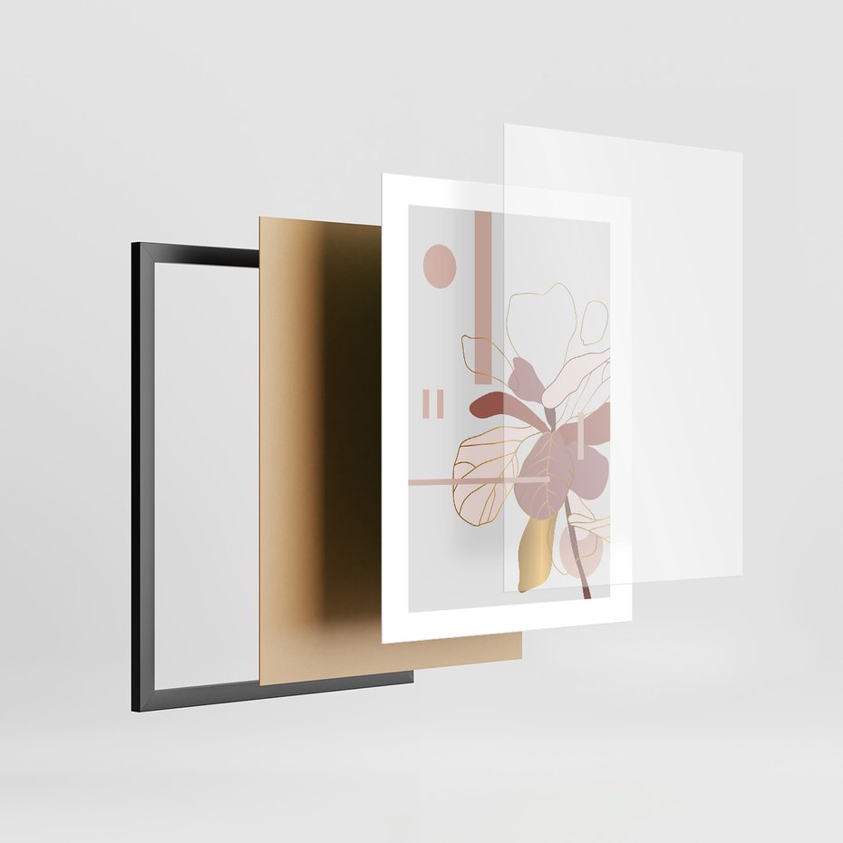 Zestaw obrazy w ramie 30x40 galeria - Złote, liście, pastelowe, nowoczesne - rama czarna