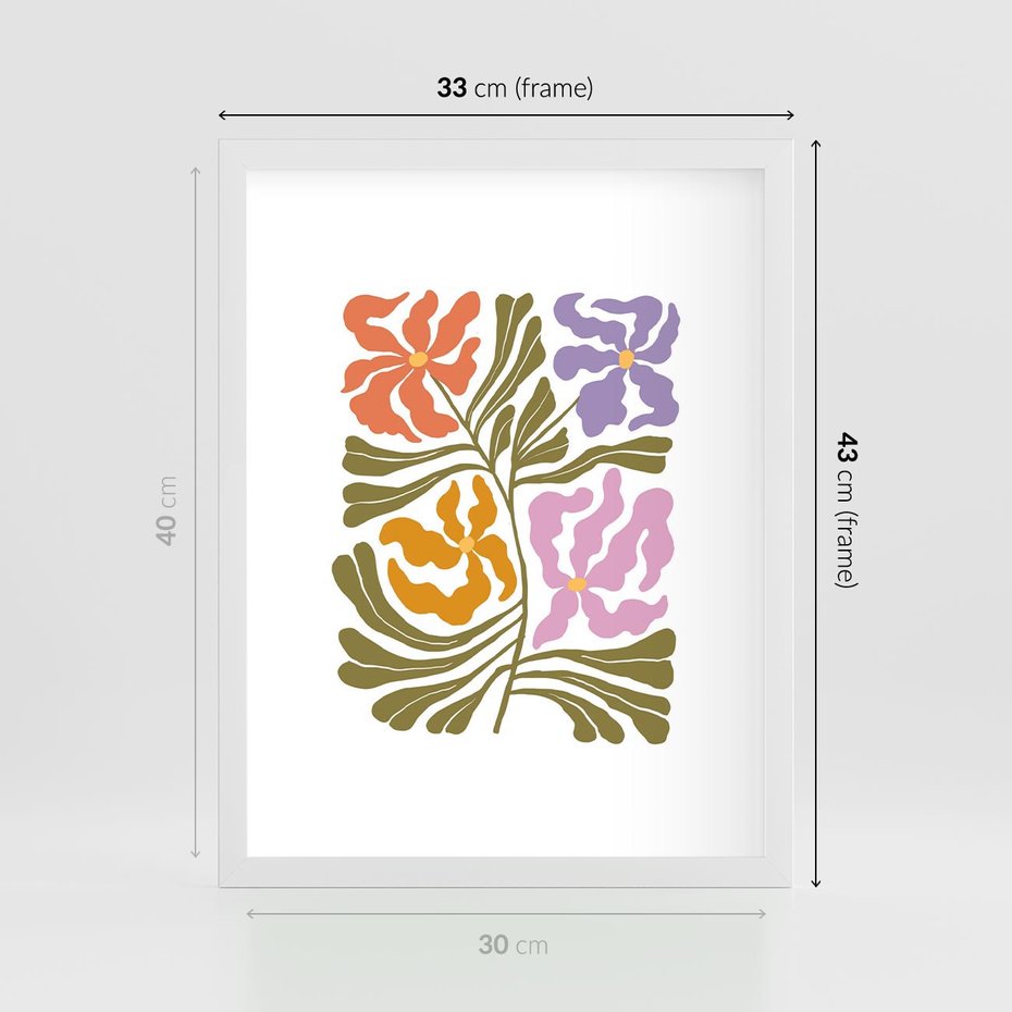 Plakat w ramie 30x40 - Rozplątane Wizje - abstrakcyjne kolorowe kwiaty, minimlizm - rama biała
