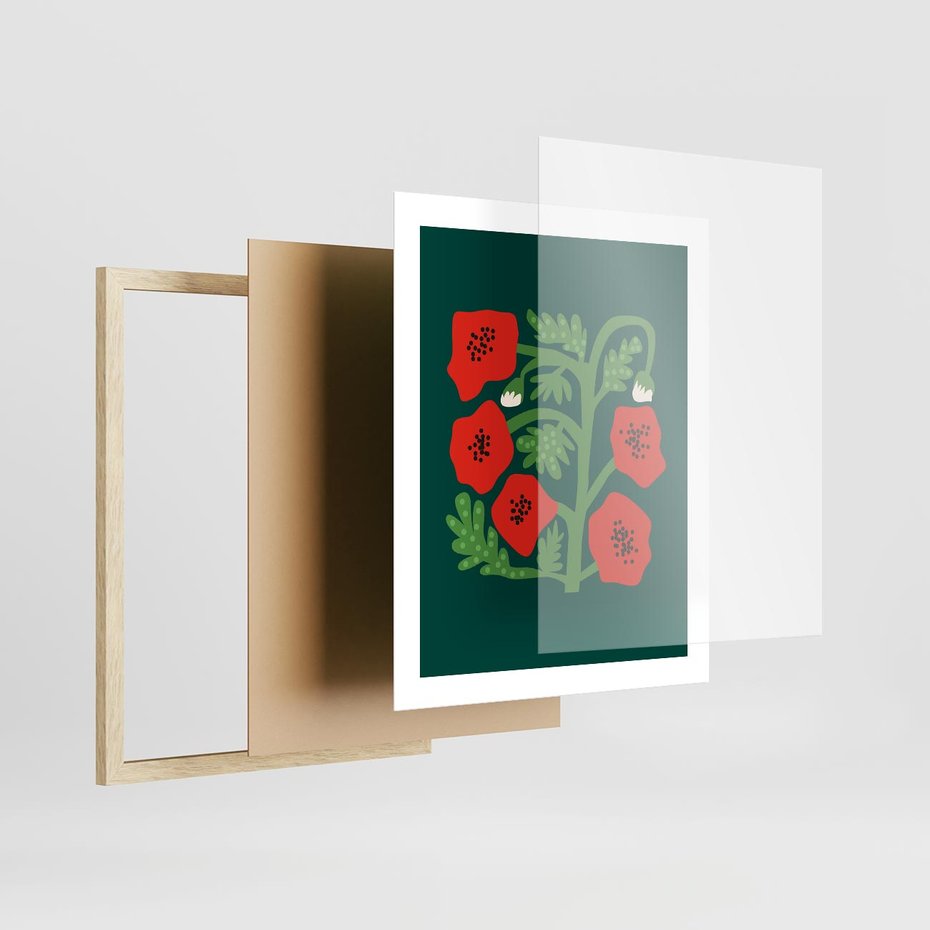 Plakat w ramie 40x50 - Księga Odbić - abstrakcyjna kwiatowa kompozycja, zielone mocne tło - rama drewno
