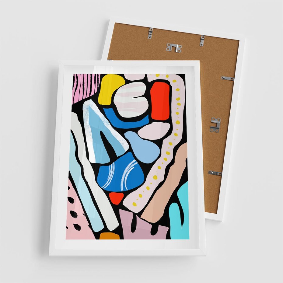 Plakat w ramie 50x70 - Kolory Na Czerni - abstrakcyjne formy, komiksowy styl - rama biała