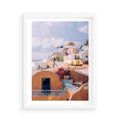 Plakat w ramie 50x70 - Błękit Morza i Białe Domki - Santorini, wyspa - rama biała