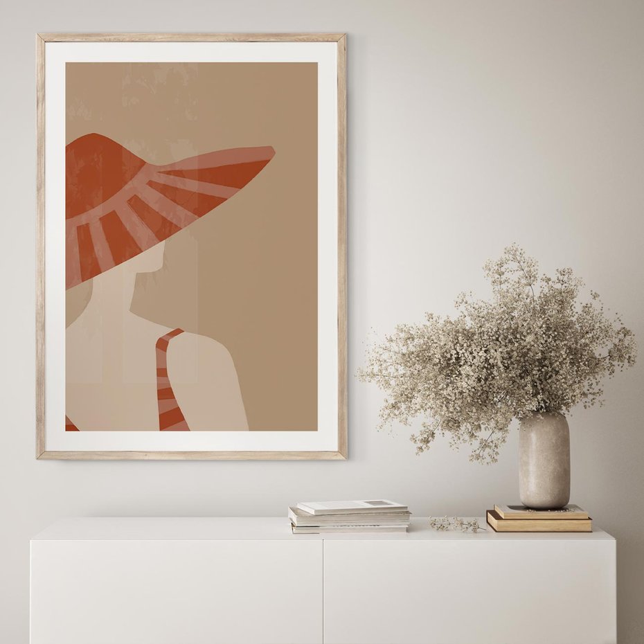 Plakat w ramie 30x40 - Kobiecy Portret - plakat retro, kobieta w kapeluszu - rama drewno