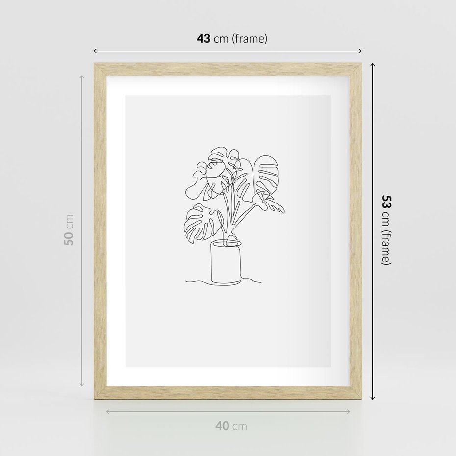 Plakat w ramie 40x50 - Tajemnicza Harmonia - sztuka one line, monstera - rama drewno