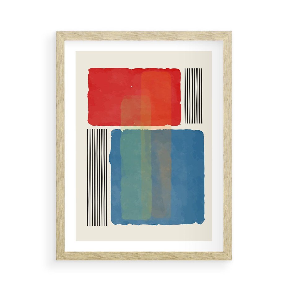 Plakat w ramie 50x70 - Kolorowe Spektrum - kolorowa geometria, prostokąty w intensywnych kształtach i czarne kreski - rama drewno