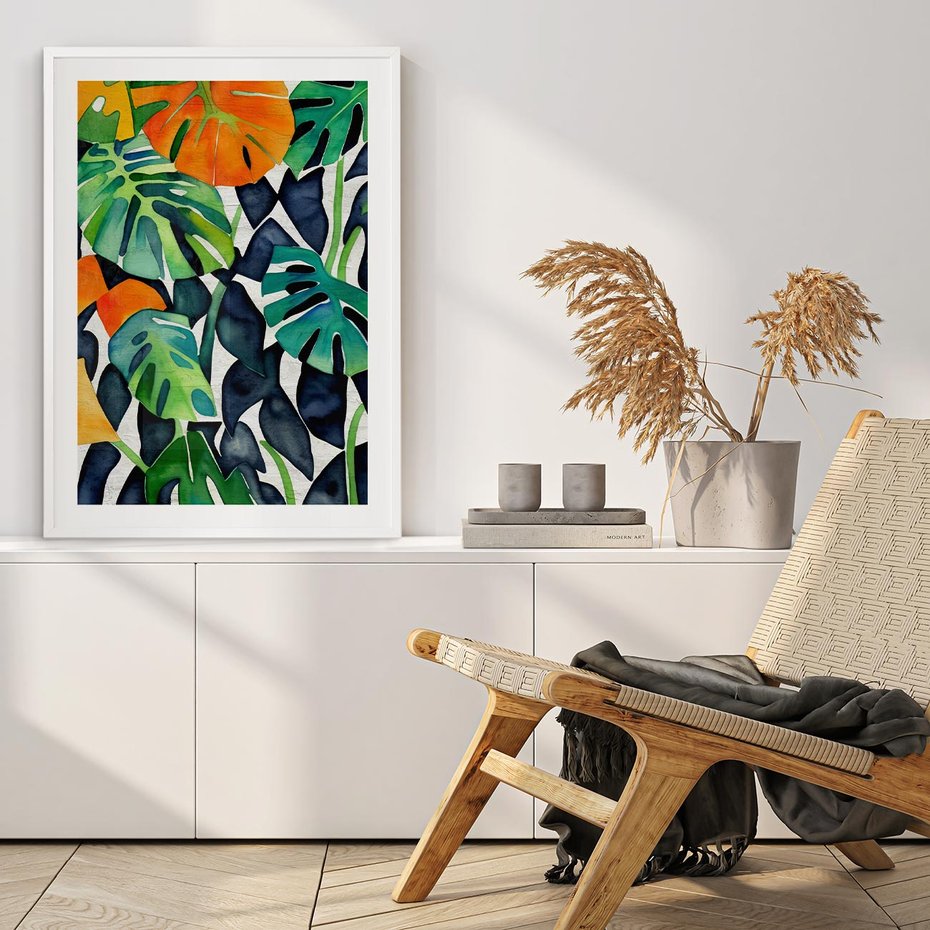 Plakat bez ramy 21x30 - Tropikalne Pragnienia - akwarela, liście tropikalne