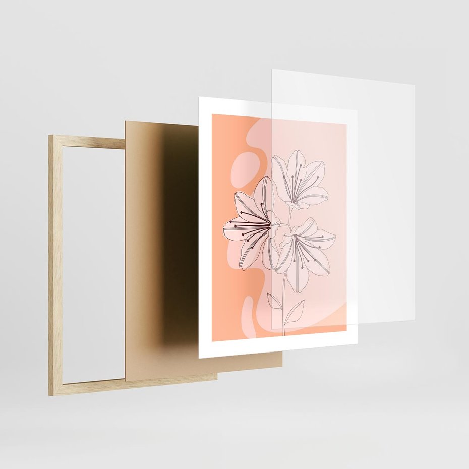 Plakat w ramie 40x50 - Kwiatowa Harmonia - minimalistyczny plakat, pudrowe kwiaty - rama drewno