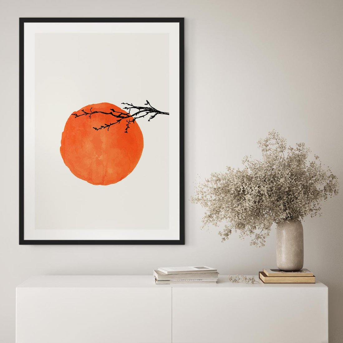 Plakat w ramie 50x70 - Słońce i Gałązka - pomarańczowe słońce, gałązka - rama czarna