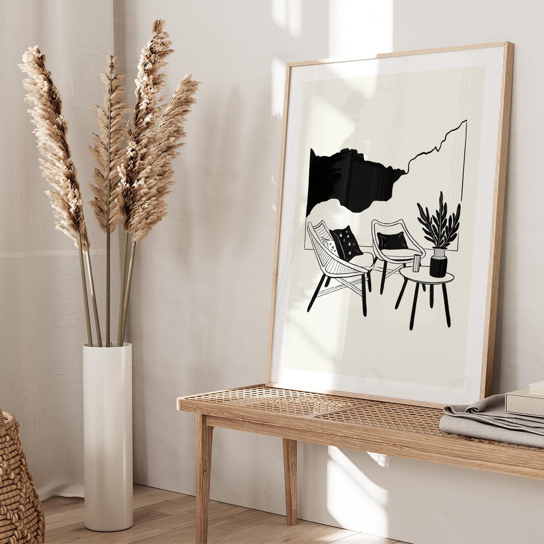 Plakat w ramie 30x40 - Boho Elegancja - boho wnętrze, salon - rama drewno