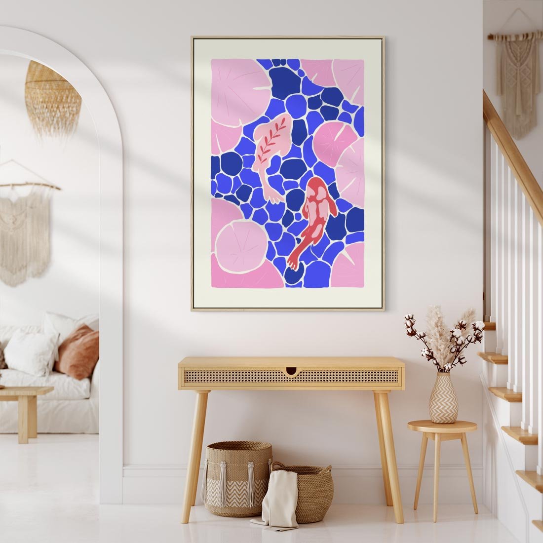 Obraz w ramie 50x70 - Rzeka Abstrakcji - abstrakcyjna kompozycja, różowe ryby wśród rafy - rama drewno