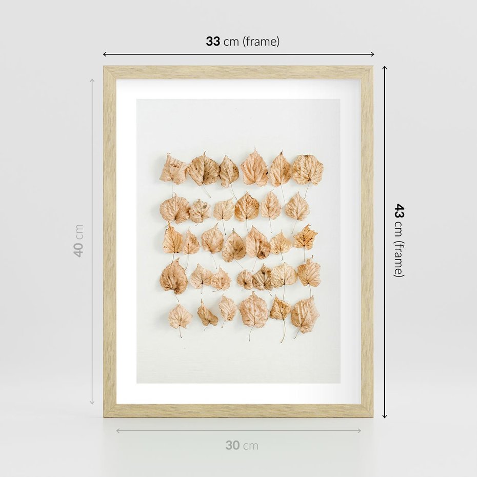 Plakat w ramie 30x40 - Liście Złotego Sezonu - kompozycja z suchych żółtych liści - rama drewno