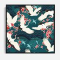 Obraz w ramie 50x50 - Żurawie Wachlarze - orientalne japońskie żurawie, grafika - rama czarna