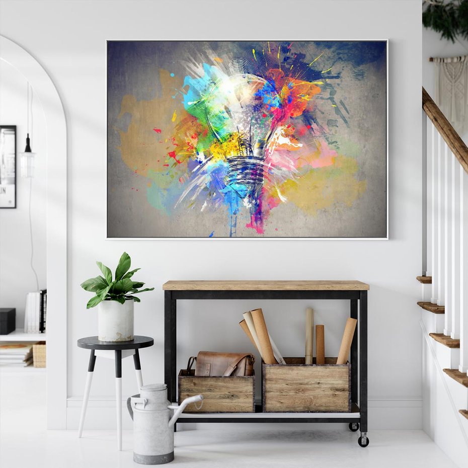 Obraz w ramie 70x50 - Kolory Kreatywnej Koncepcji - abstrakcyjna grafika, szkic żarówki - rama biała