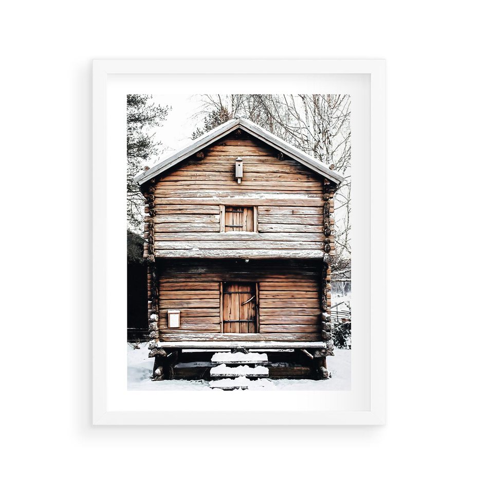 Plakat w ramie 40x50 - Śnieżny Ustronny Raj - domek w górach, śnieg - rama biała