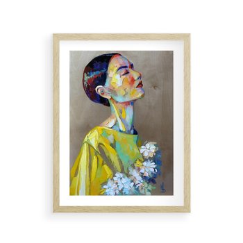 Plakat w ramie 30x40 - W Żółtej Sukience - olejny abstrakcyjny obraz, portret kobiety w żółtej sukience - rama drewno