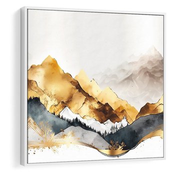 Obraz w ramie 80x80 - Złote Góry - akwarela, graficzne góry - rama biała
