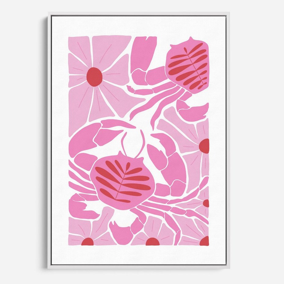 Obraz w ramie 70x100 - Roztańczone Kraby - różowe kwiaty i kraby, abstrakcyjna kompozycja - rama biała