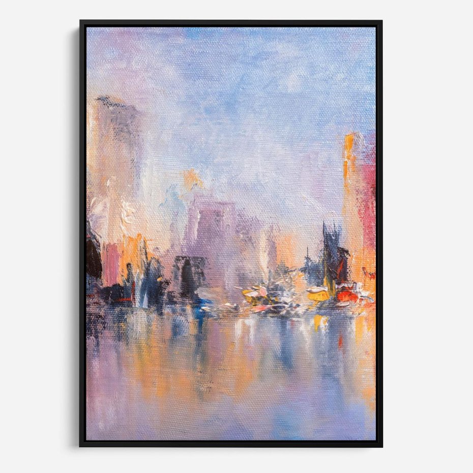 Obraz w ramie 70x100 - Miasto Refleksji - olejna panorama miasta w oddali, wiezowce odbijają się w rzece - rama czarna