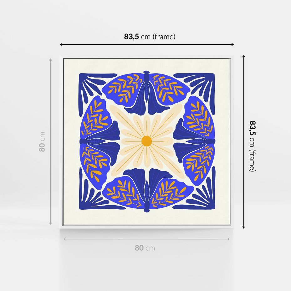 Obraz w ramie 80x80 - Księga Abstrakcji - abstrakcyjna boho kompozycja, granatowe ćmy - rama biała