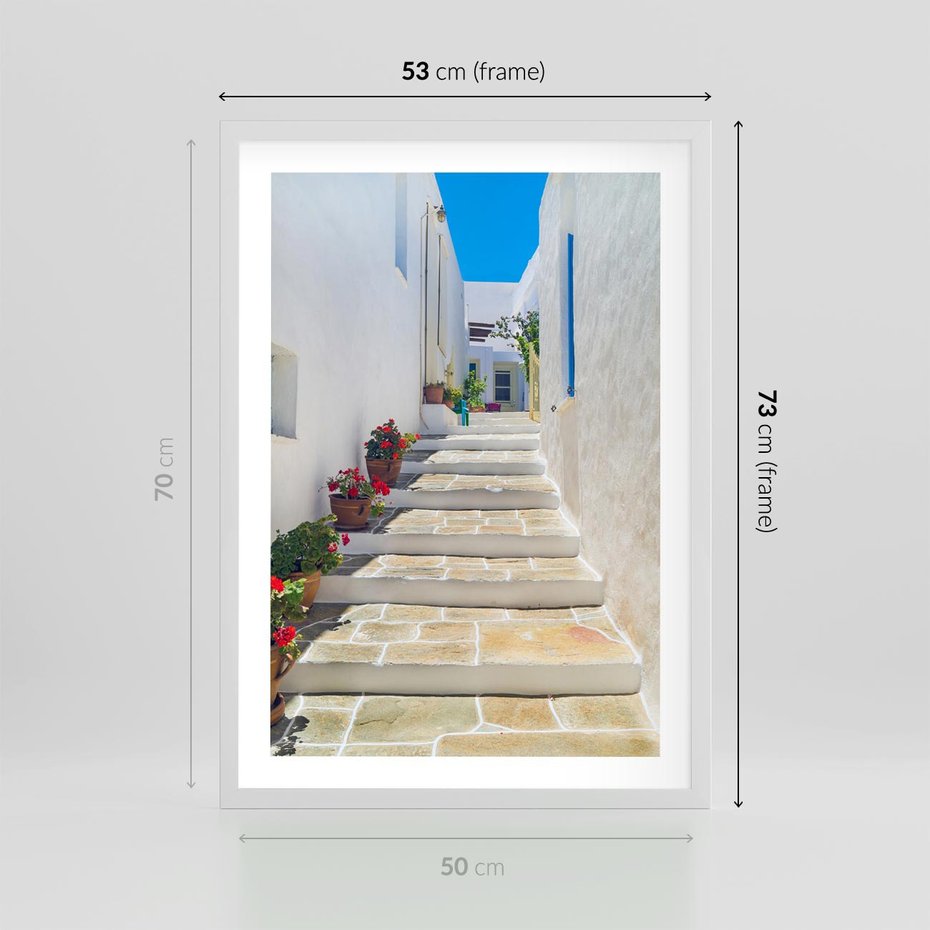 Plakat w ramie 50x70 - Urok Greckiej Uliczki - grecka, uliczka - rama biała