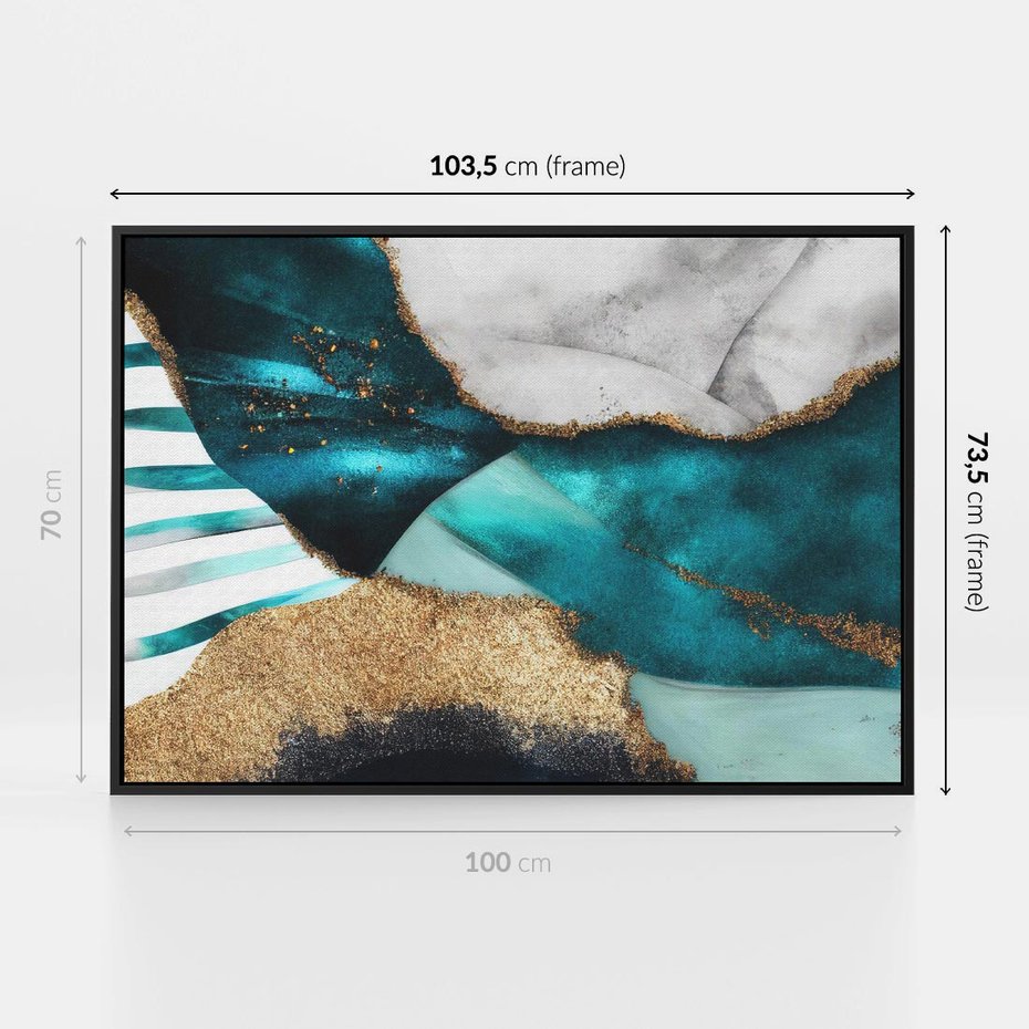 Obraz w ramie 100x70 - Rozlane Turkusy - Turkusowe plamy, złote elementy - rama czarna