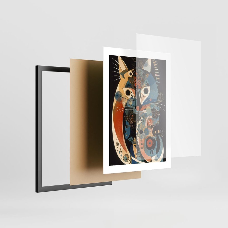 Plakat w ramie 30x40 - Księga Surrealnych Wymiarów - abstrakcyjny obraz olejny, kot - rama czarna