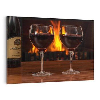 Obraz na płótnie 120x80 - Wino, Kieliszki, Kominek - Wieczór Pełen Relaksu - wino, kieliszki