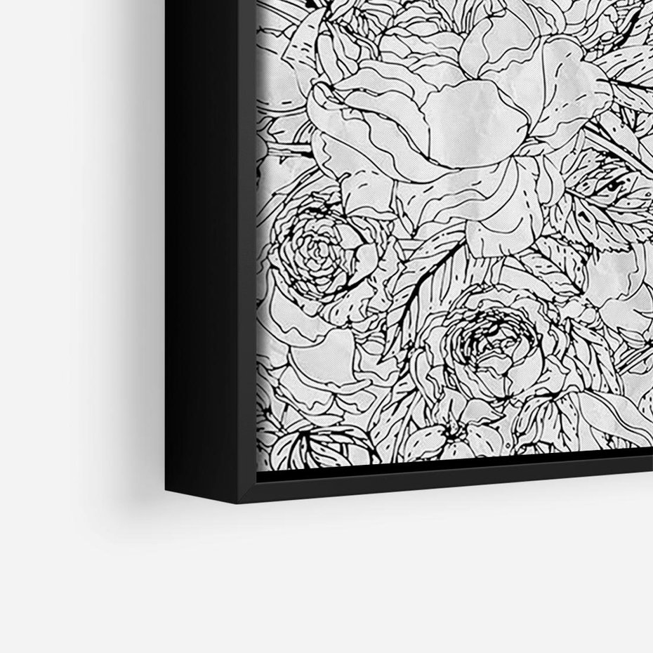 Obraz w ramie 70x50 - Refleksje w martwym punkcie - graficzny szkic, kompozycja kwiatów - rama czarna