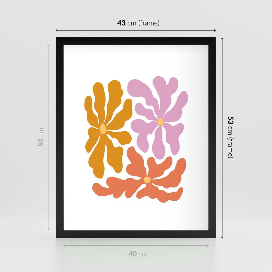 Plakat w ramie 40x50 - Rozbijające Refleksje - abstrakcyjne kolorowe kwiaty, minimlizm - rama czarna