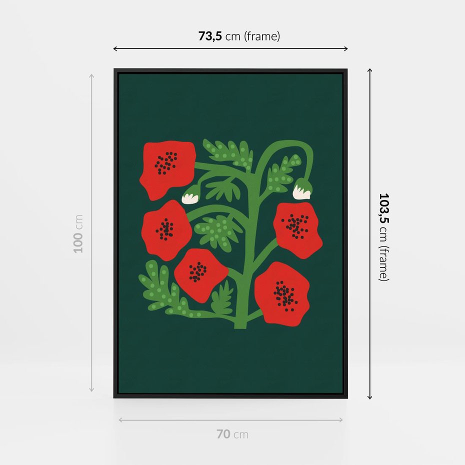 Obraz w ramie 70x100 - Księga Odbić - abstrakcyjna kwiatowa kompozycja, zielone mocne tło - rama czarna