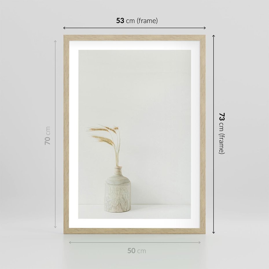 Plakat w ramie 50x70 - Sztuka Prostoty - minimalistyczny wazon, źdźbła traw - rama drewno