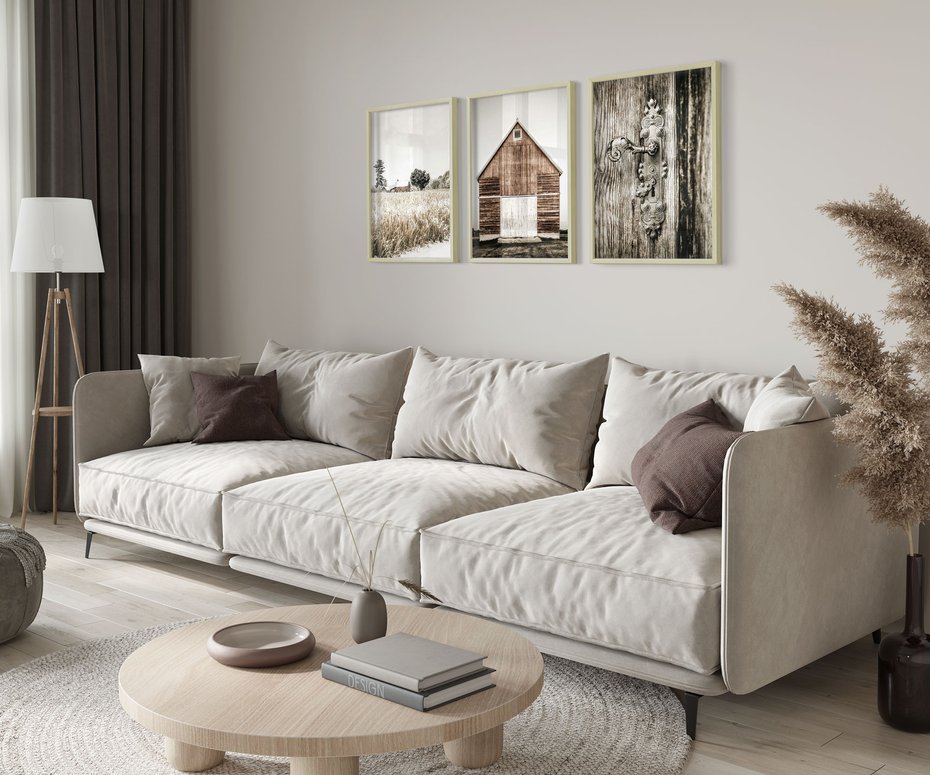 Zestaw obrazy w ramie 40x50 galeria - Rustykalny, tryptyk, klamka, kłódka, domek - rama drewno