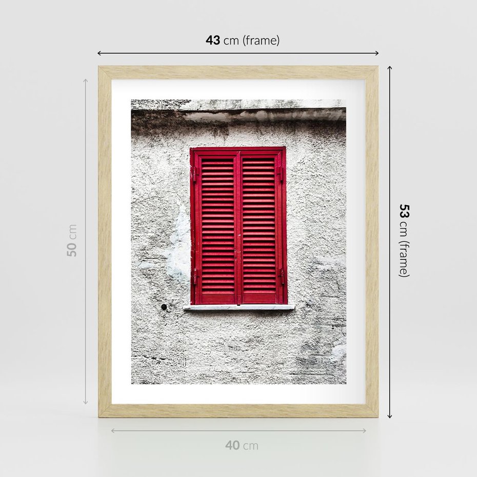 Plakat w ramie 40x50 - Okno z Czerwonymi Okiennicami - stare okno, kamienica - rama drewno