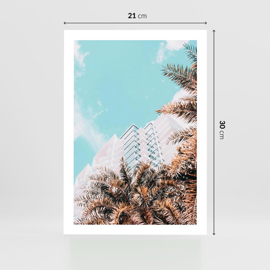 Plakat bez ramy 21x30 - Wakacyjny Raj - palmy, wysokie budynki