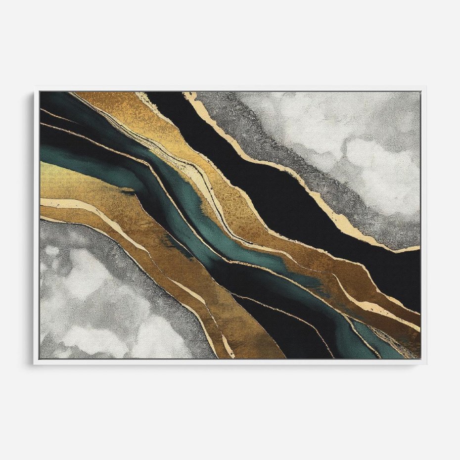 Obraz w ramie 100x70 - Refrakcje płynącej rzeczywistości - jak marmurowa rzeka, linie złota - rama biała