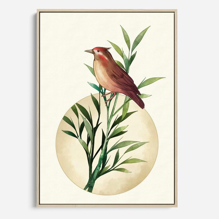 Obraz w ramie 50x70 - Rozkwitająca Delikatność - japońska sztuka, ptak - rama drewno