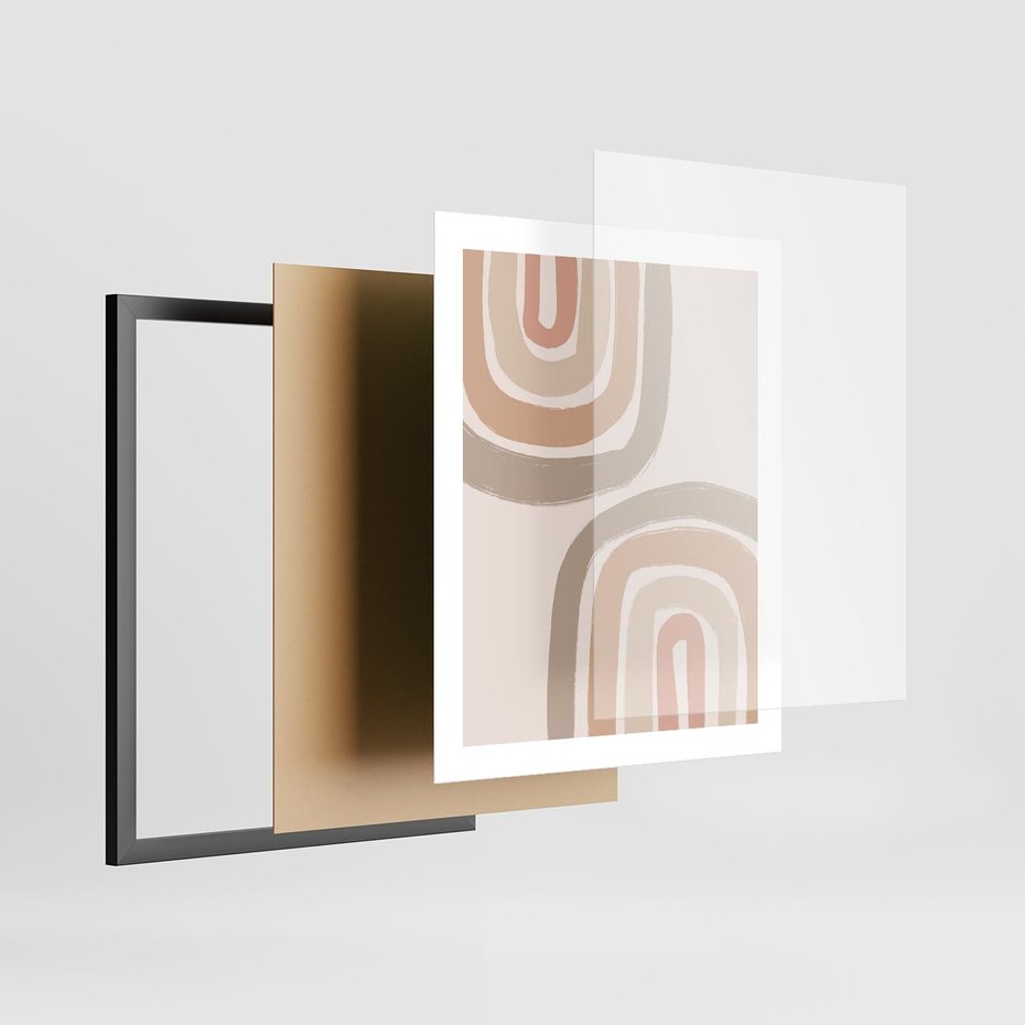 Plakat w ramie 40x50 - Migotliwe Tęczowe Przestrzenie - abstakcyjne tęcze, delikatne odcienie beżu - rama czarna