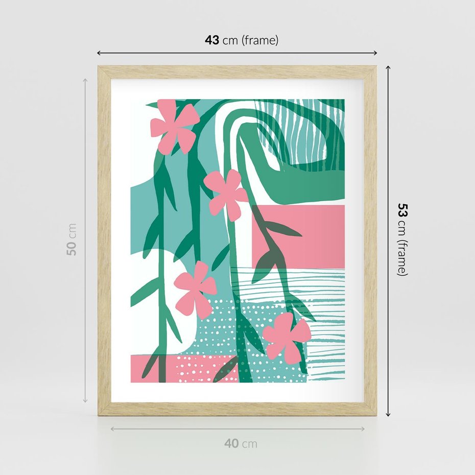 Plakat w ramie 40x50 - Rozkwitające Harmonie Form - abstrakcyjne pastelowe kwiaty, nowoczesna sztuka - rama drewno