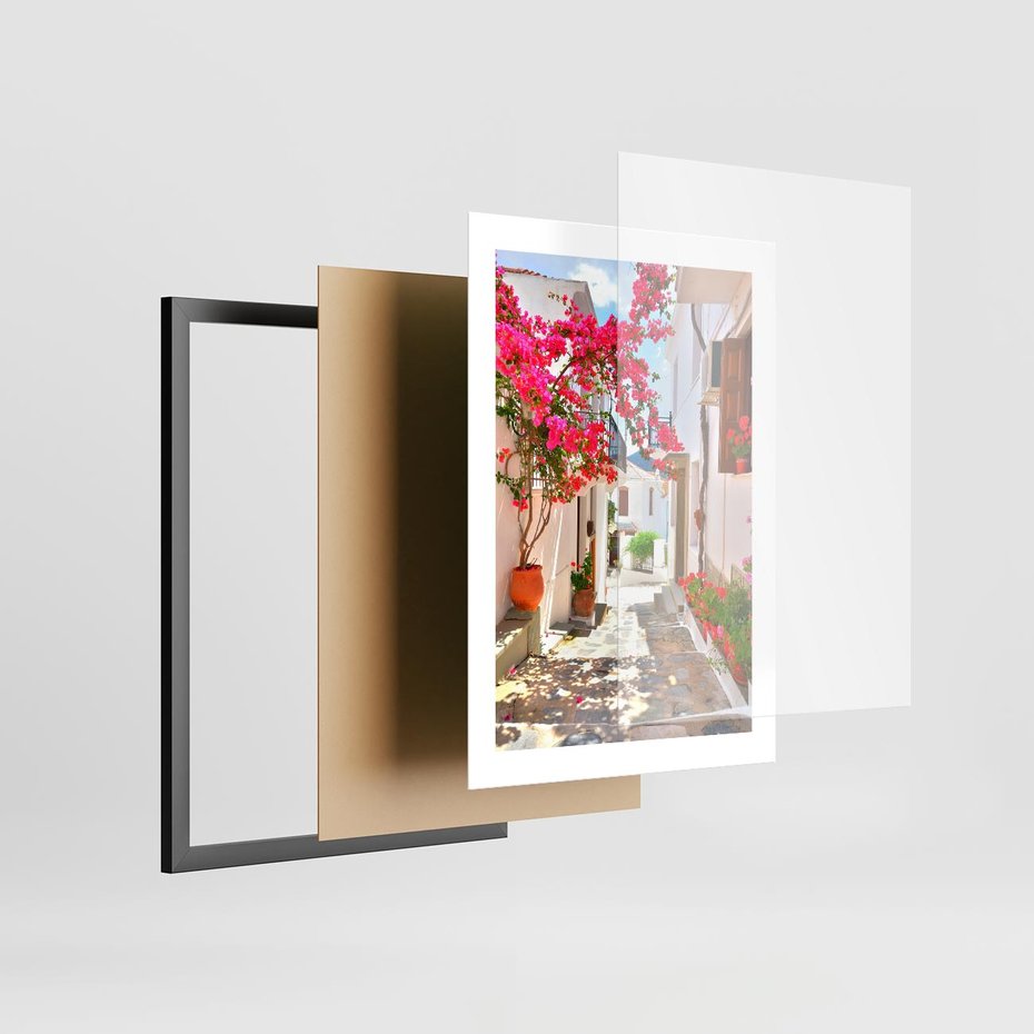 Plakat w ramie 30x40 - Kwiatowa uliczka wakacji - kwiaty, uliczka - rama czarna