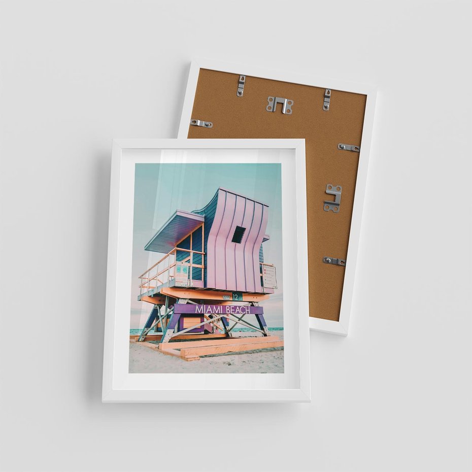 Plakat w ramie 30x40 - Miami Beach - plaża miami, domek ratownika - rama biała