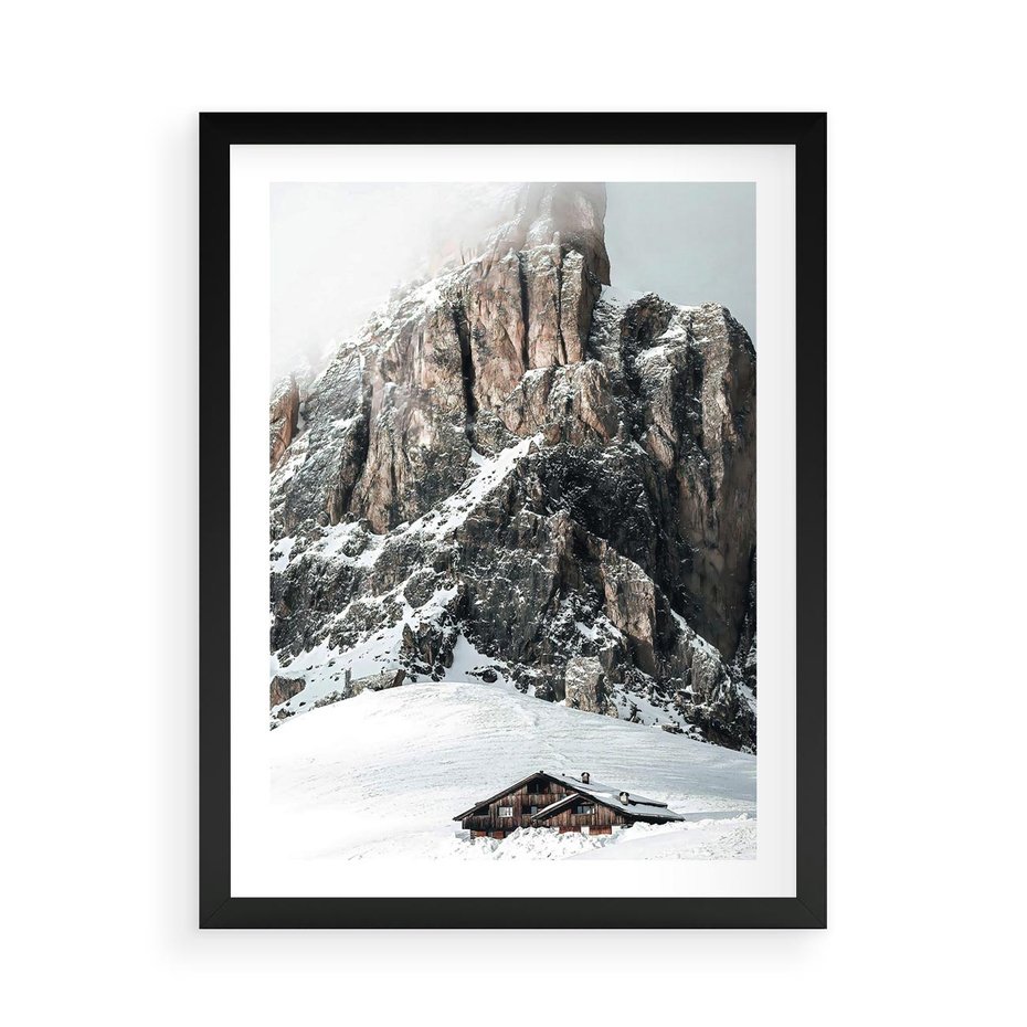 Plakat w ramie 50x70 - Górski Raj z Chatką - górskie szczyty, ośnieżone góry - rama czarna