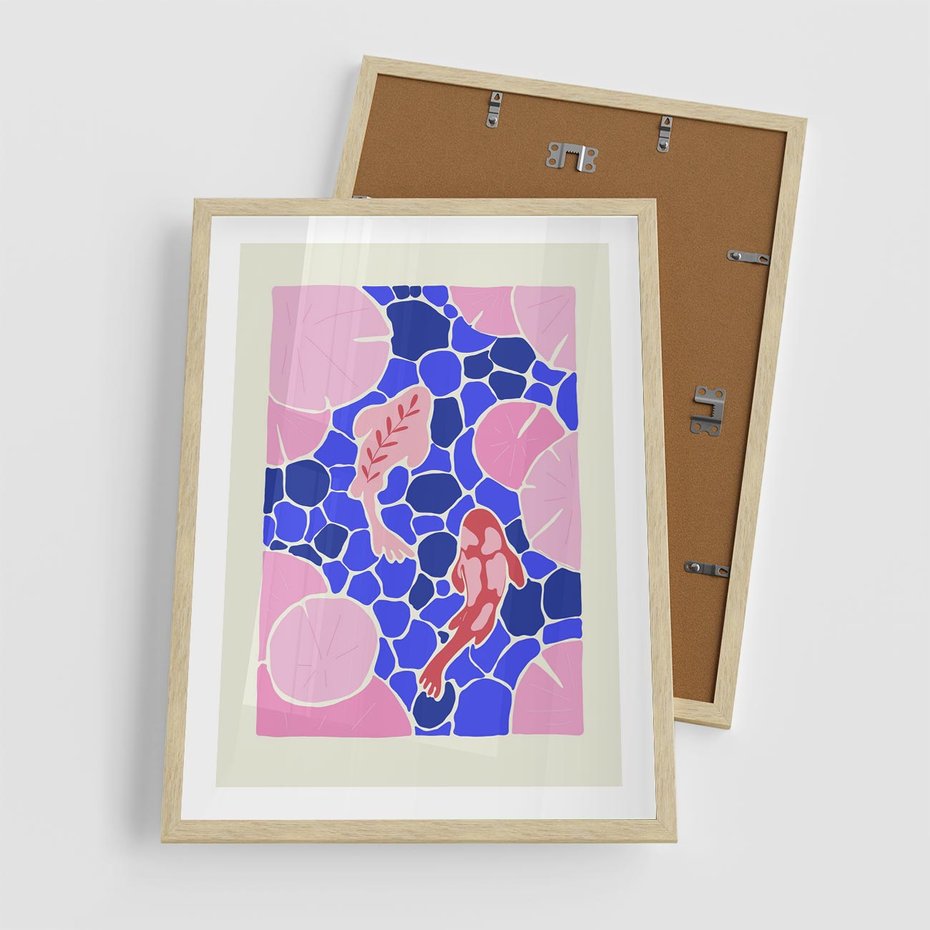 Plakat w ramie 50x70 - Rzeka Abstrakcji - abstrakcyjna kompozycja, różowe ryby wśród rafy - rama drewno