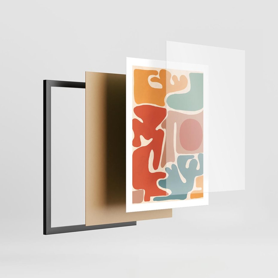 Plakat w ramie 50x70 - Pastelowa Symfonia Kształtów - abstrakcyjne kolorowe formy, pastelowe kolory - rama czarna