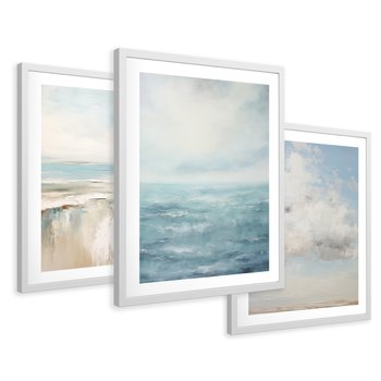 Zestaw obrazy w ramie 30x40 galeria - morze, niebo, akwarela, plaża - rama biała
