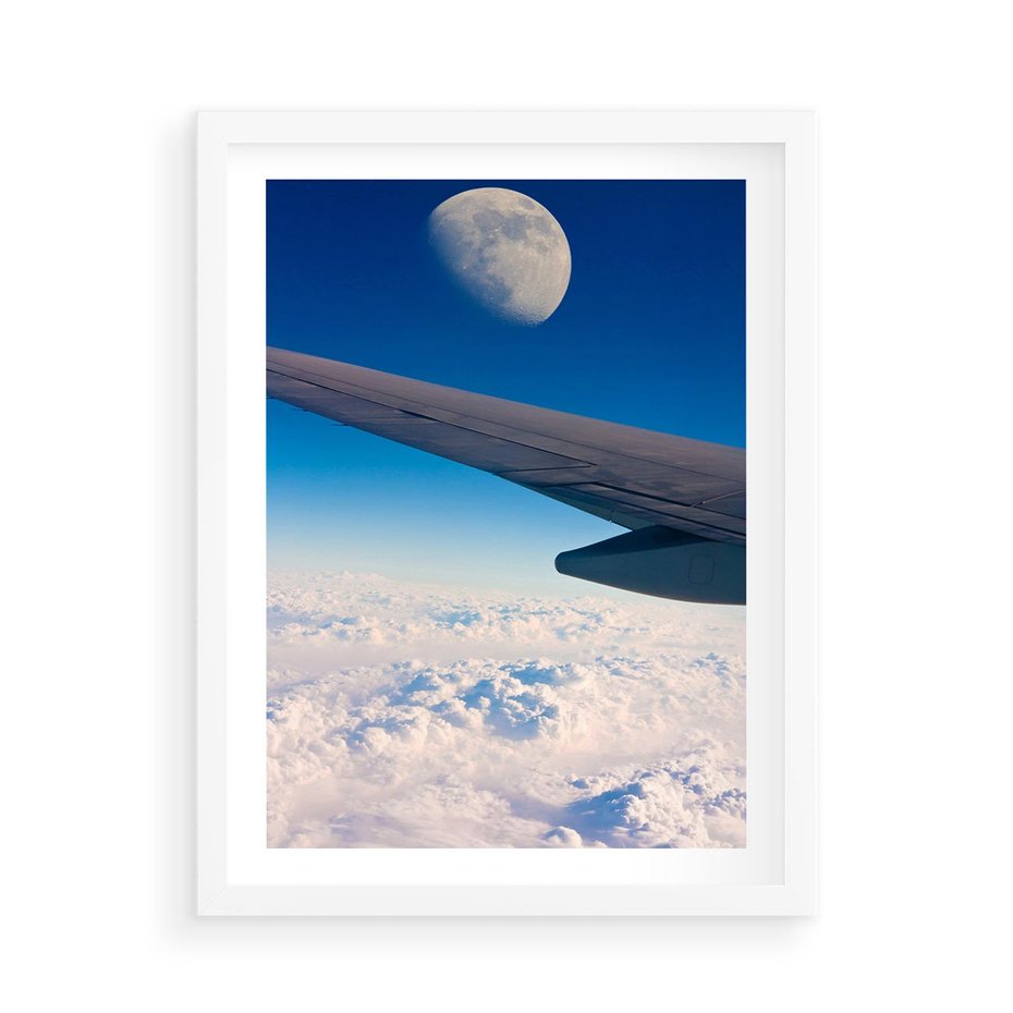 Plakat w ramie 50x70 - Samolot ku Księżycowi - samolot, ksieżyc - rama biała