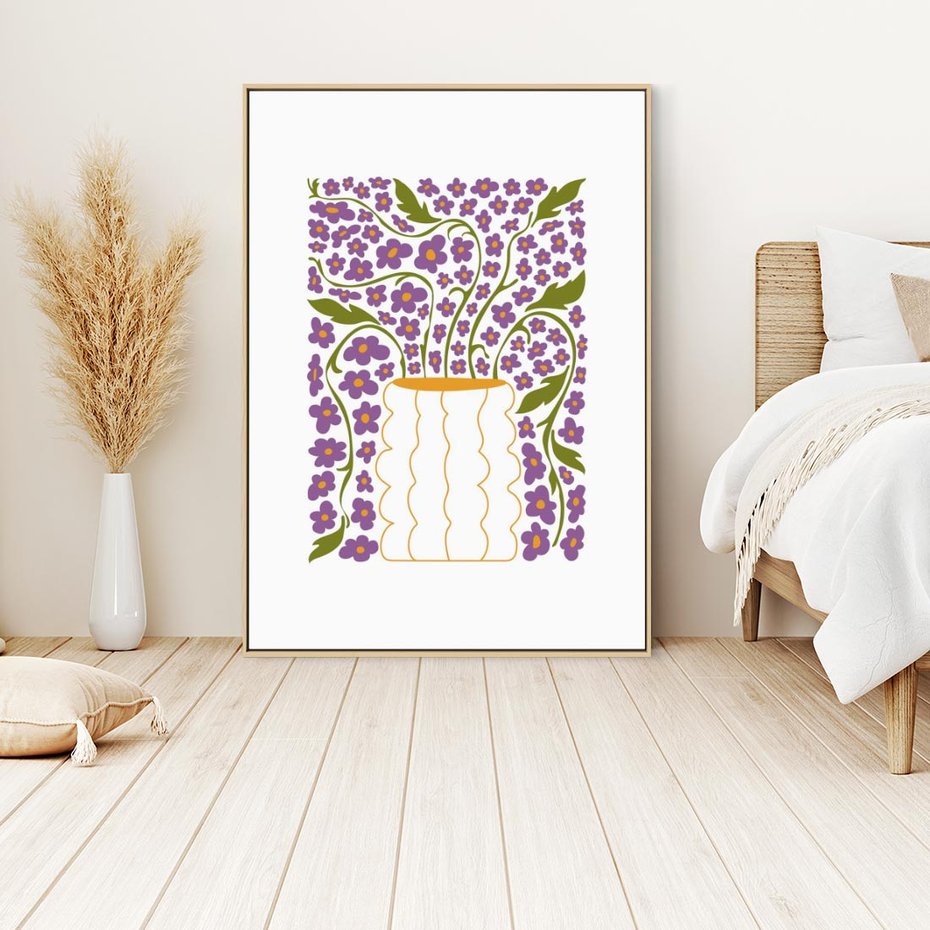 Obraz w ramie 50x70 - Witalność Kwiatów - kwiaty w wazonie, minimalistyczna kompozycja - rama drewno